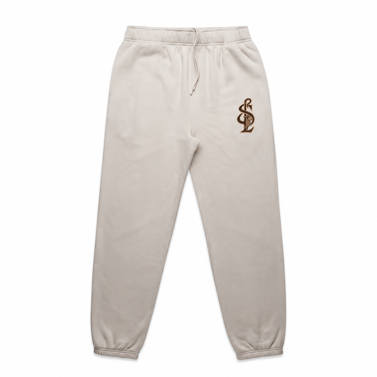 Front view of the Shepherd & Lamb Signature Relax Track Pants in Bone, with monogram on the left upper thigh.