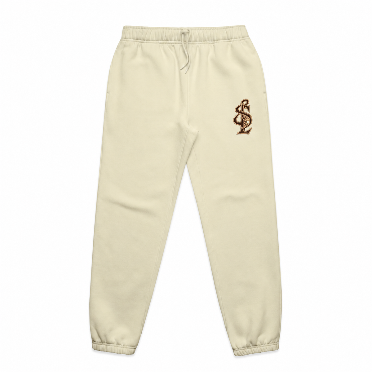 Front view of the Shepherd & Lamb Signature Relax Track Pants in Butter, with monogram on the left upper thigh.