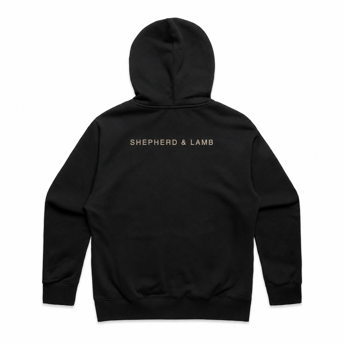 Back view of the Shepherd & Lamb Signature Heavy Zip Hoodie in Black, showing the upper-back wordmark.
