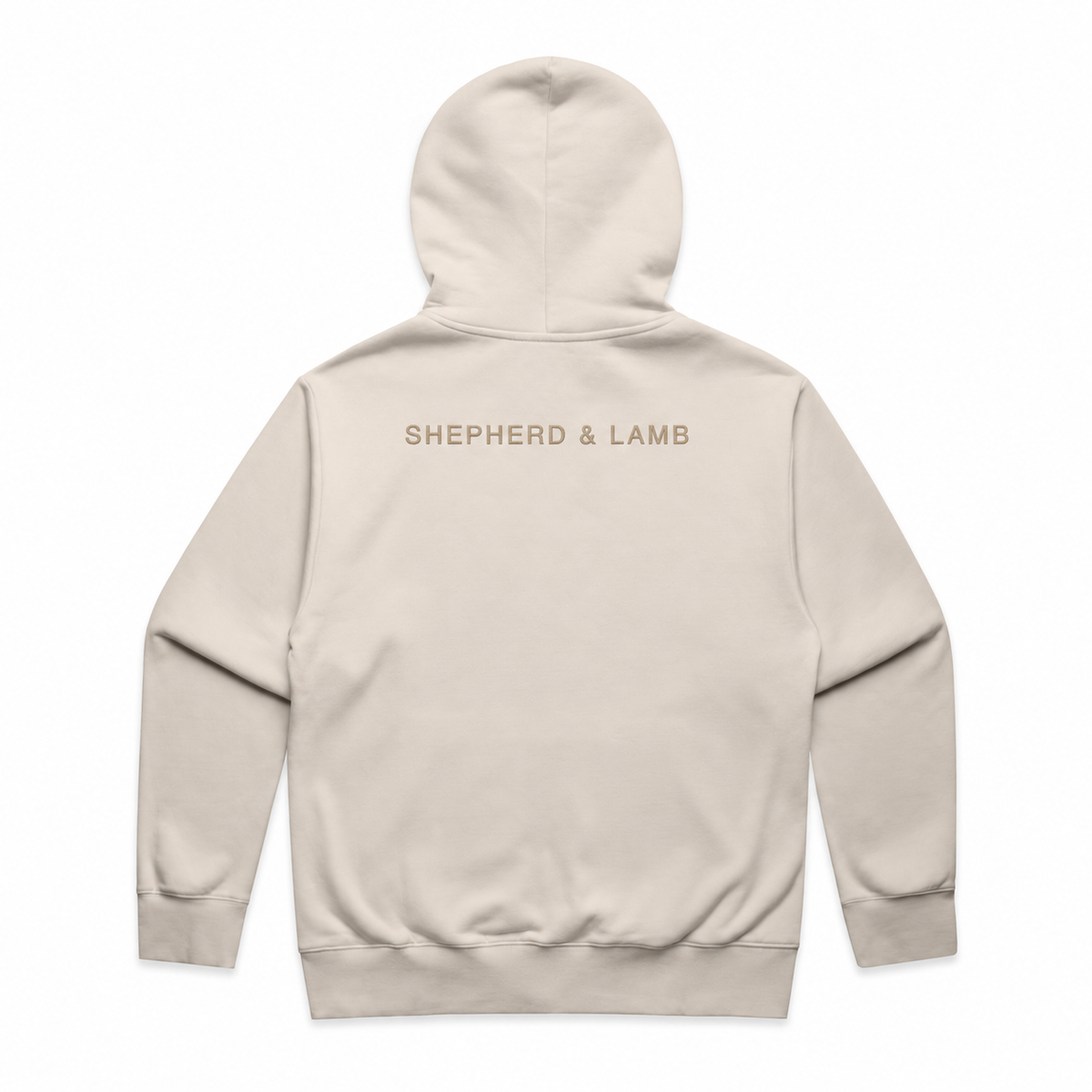 Back view of the Shepherd & Lamb Signature Heavy Zip Hoodie in Bone, showing the upper-back wordmark.