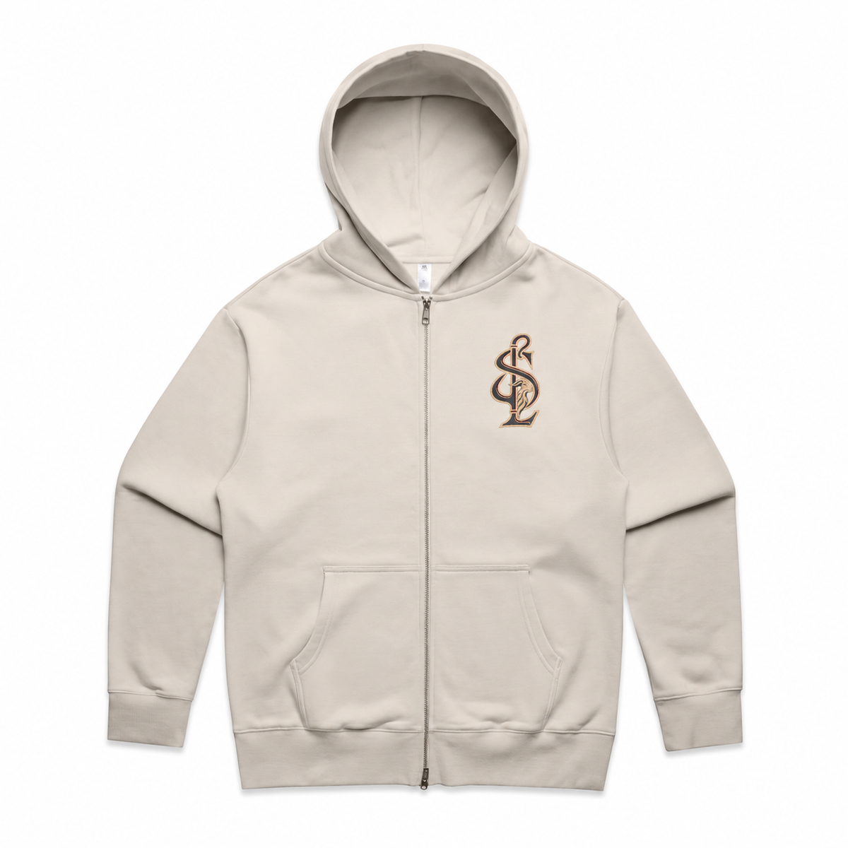 Front view of the Shepherd & Lamb Signature Heavy Zip Hoodie in Bone, with chest monogram.