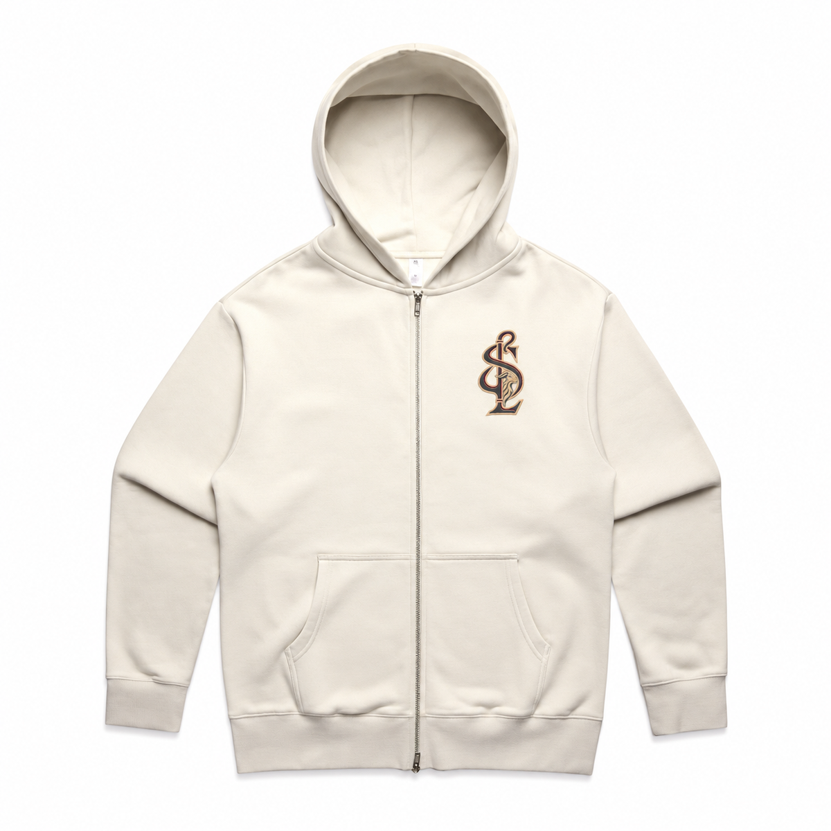 Front view of the Shepherd & Lamb Signature Heavy Zip Hoodie in Ecru, with chest monogram.