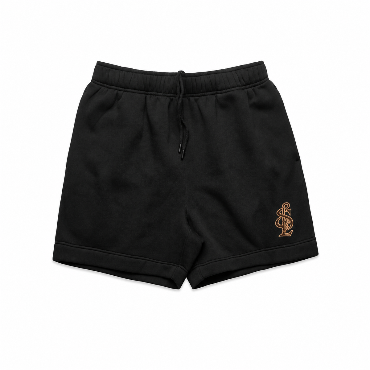 Front view of the Shepherd & Lamb Signature Relax Track Shorts in Black, with monogram near the left leg hem.