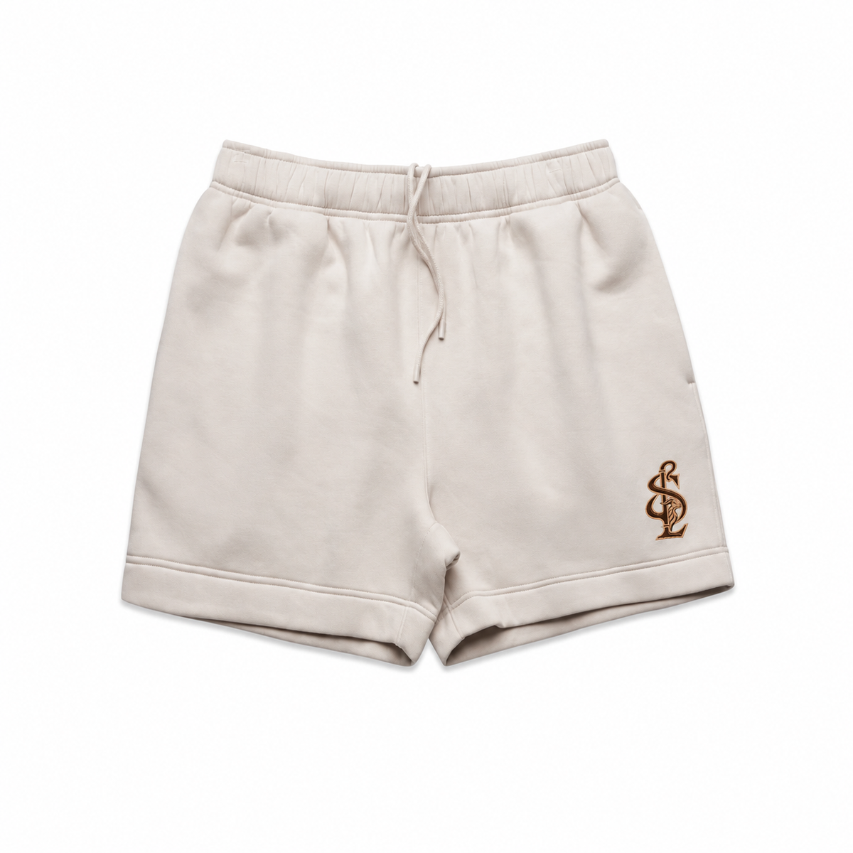 Front view of the Shepherd & Lamb Signature Relax Track Shorts in Bone, with monogram near the left leg hem.