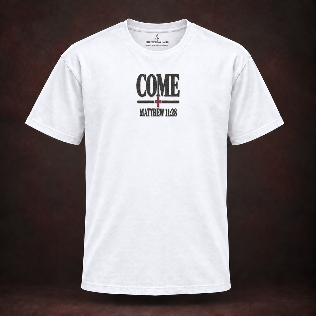 COME embroidered Christian tee in White — Shepherd & Lamb