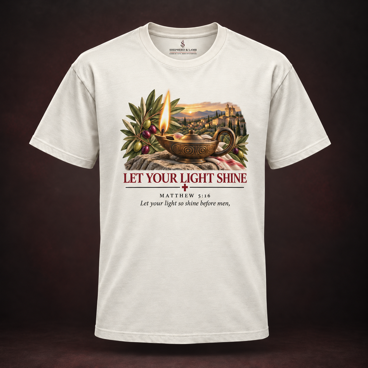 LET YOUR LIGHT SHINE Red Letter Studio Natural Bella+Canvas 3010 tee front view