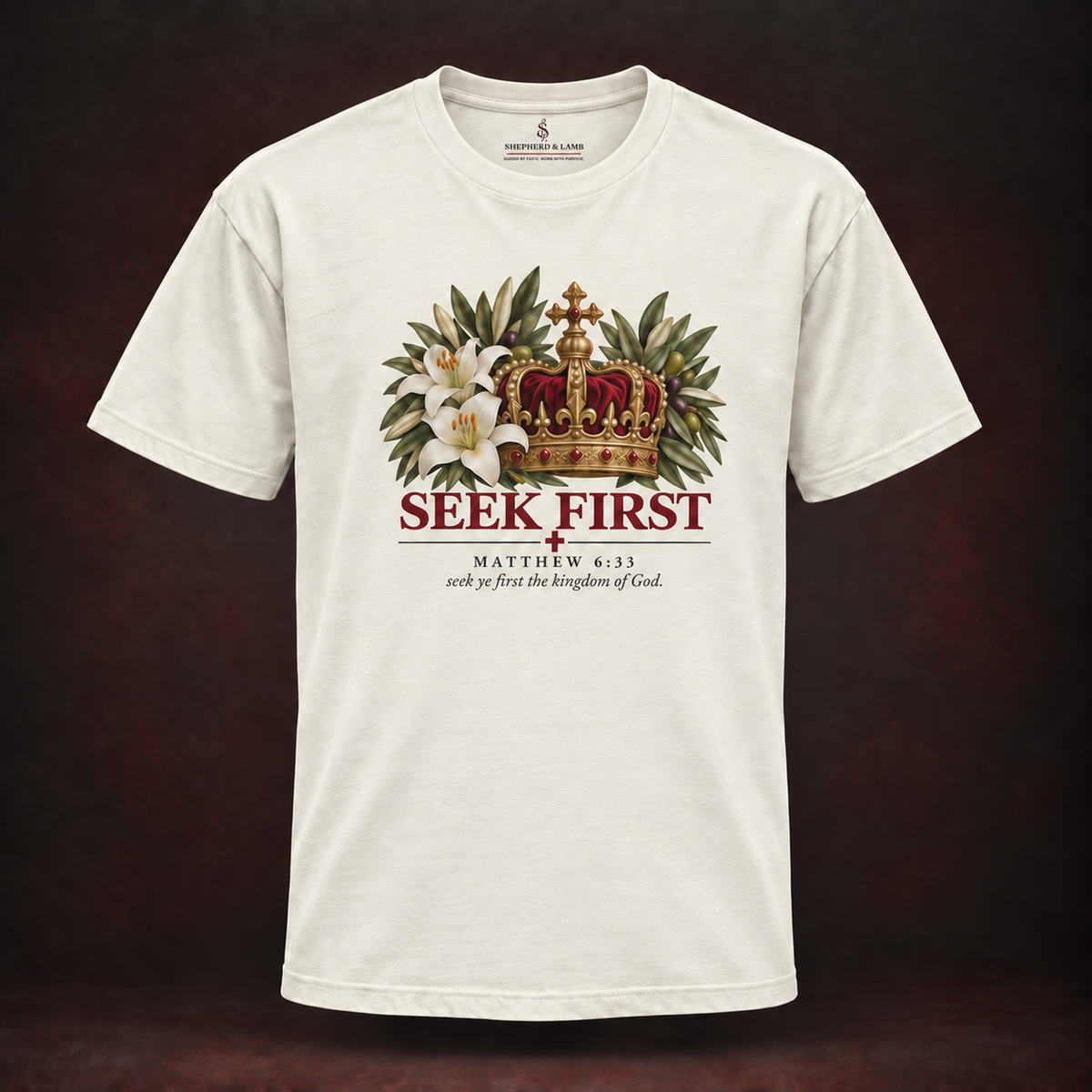 SEEK FIRST Red Letter Studio Natural Bella+Canvas 3010 tee front view