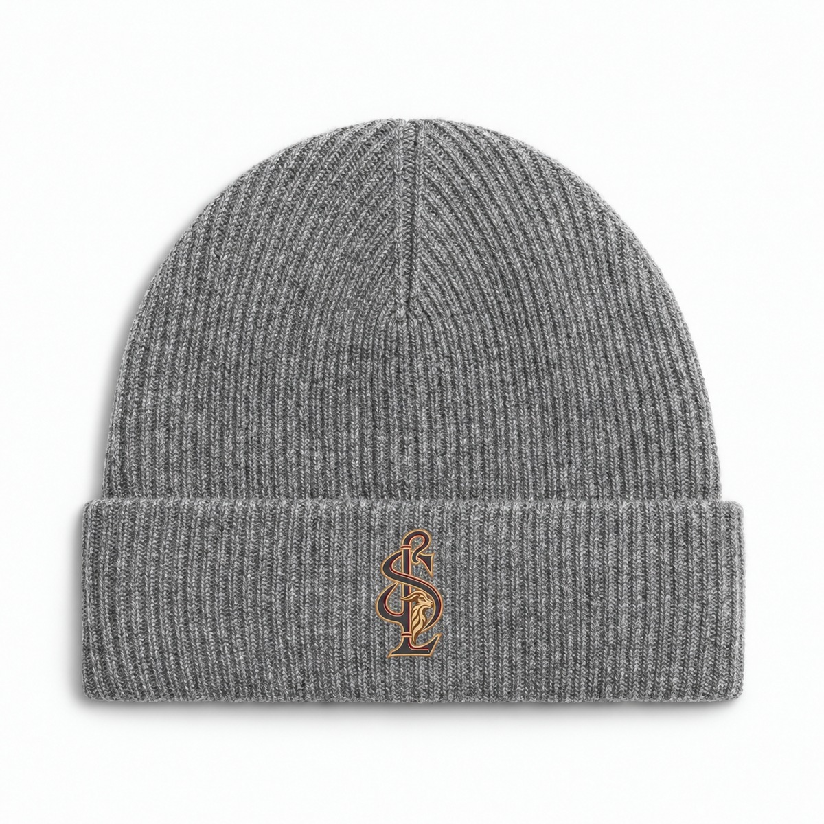 Front view of the Shepherd & Lamb Signature Cashmere Merino Beanie in Heather Grey, with monogram on the folded cuff.