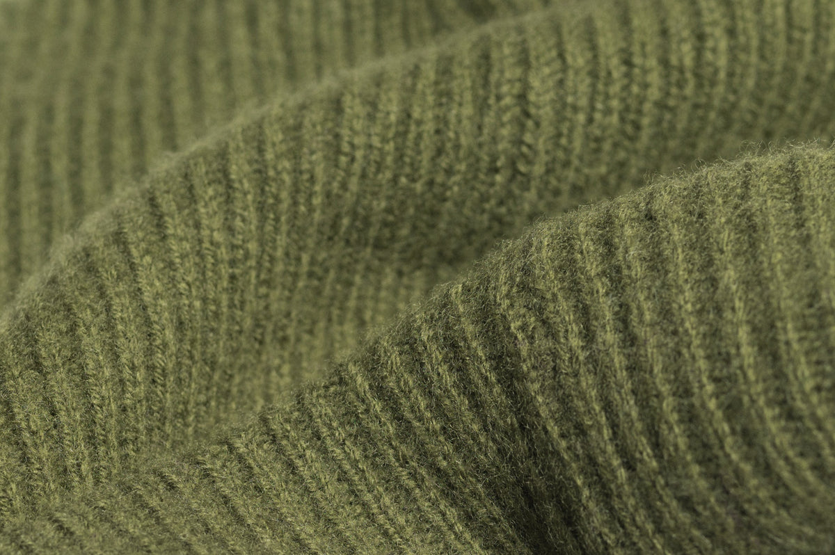 Original manufacturer close-up of the Moss cashmere-merino rib knit used for the Signature Cashmere Merino Beanie.