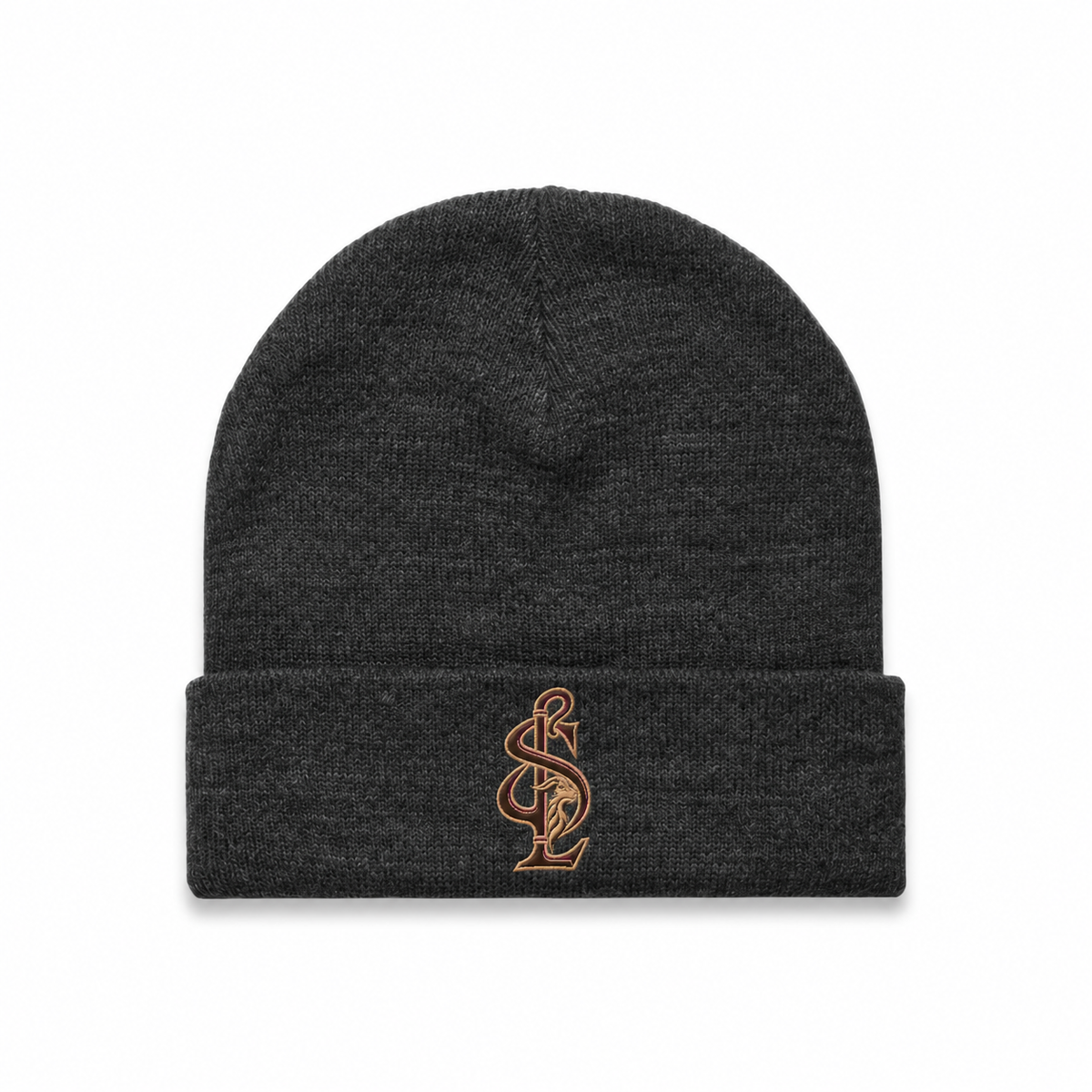 Front view of the Shepherd & Lamb Signature Cuff Beanie in Asphalt Heather, with monogram on the folded cuff.
