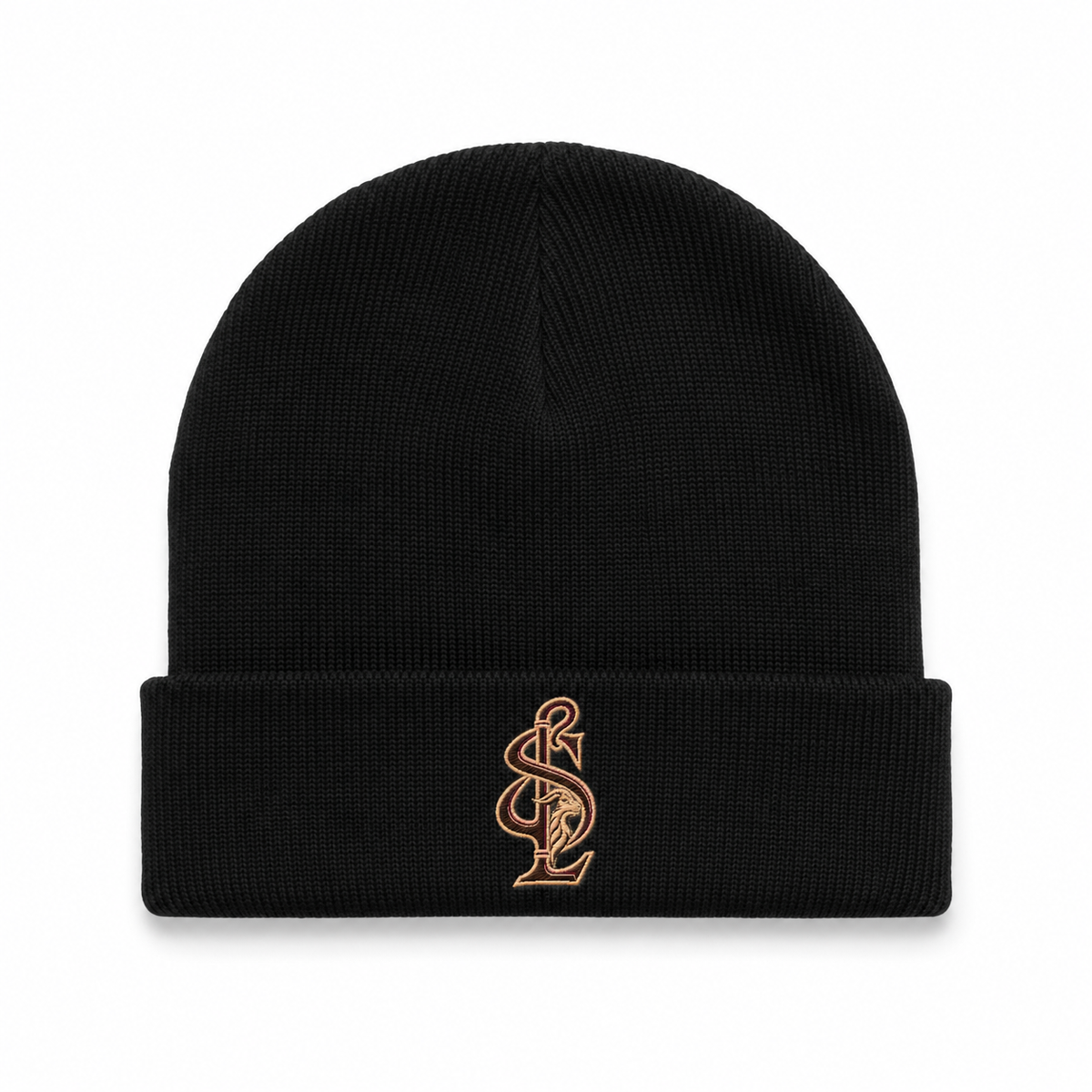 Front view of the Shepherd & Lamb Signature Cuff Beanie in Black, with monogram on the folded cuff.
