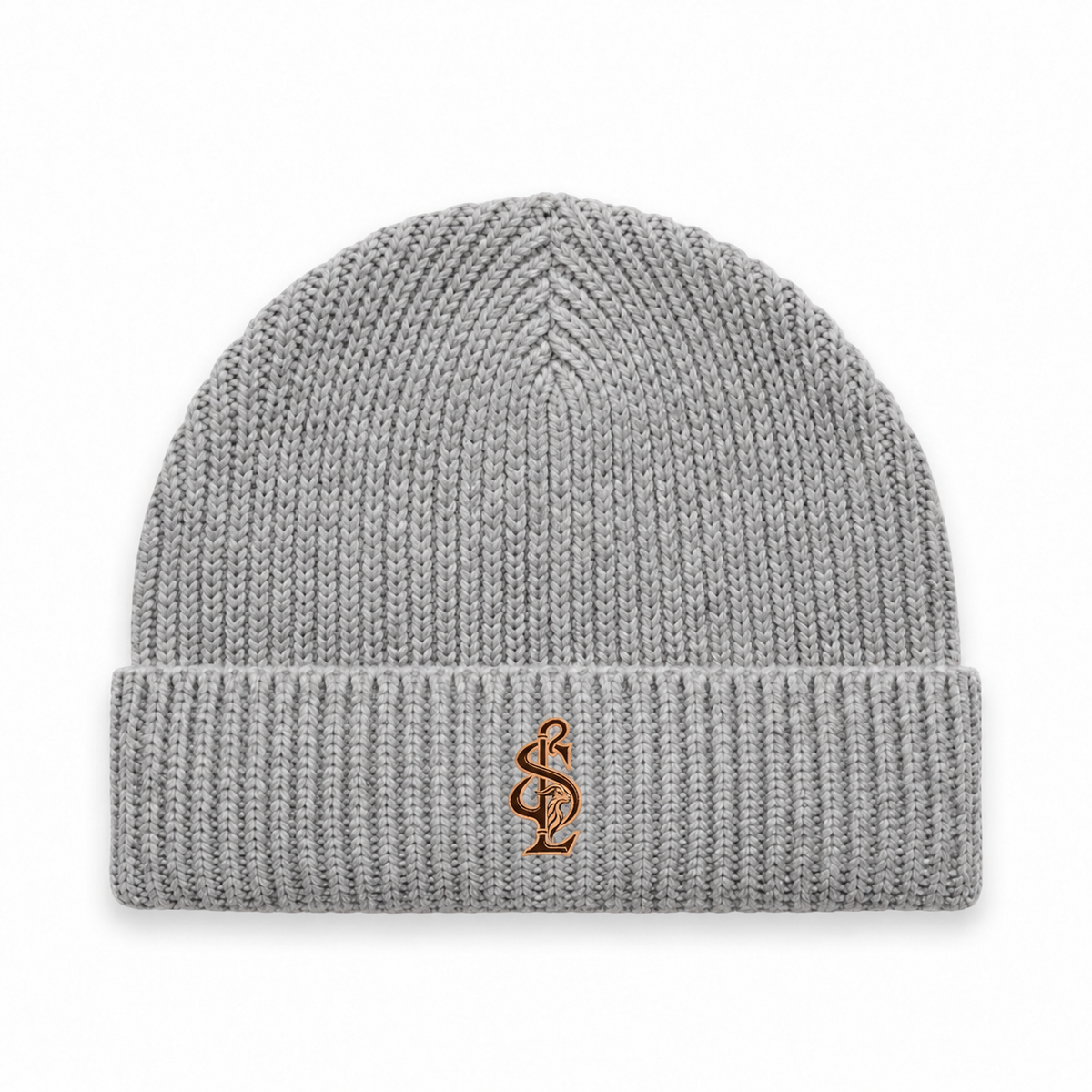 Front view of the Shepherd & Lamb Signature Gauge Beanie in Athletic Heather, with monogram on the folded cuff.