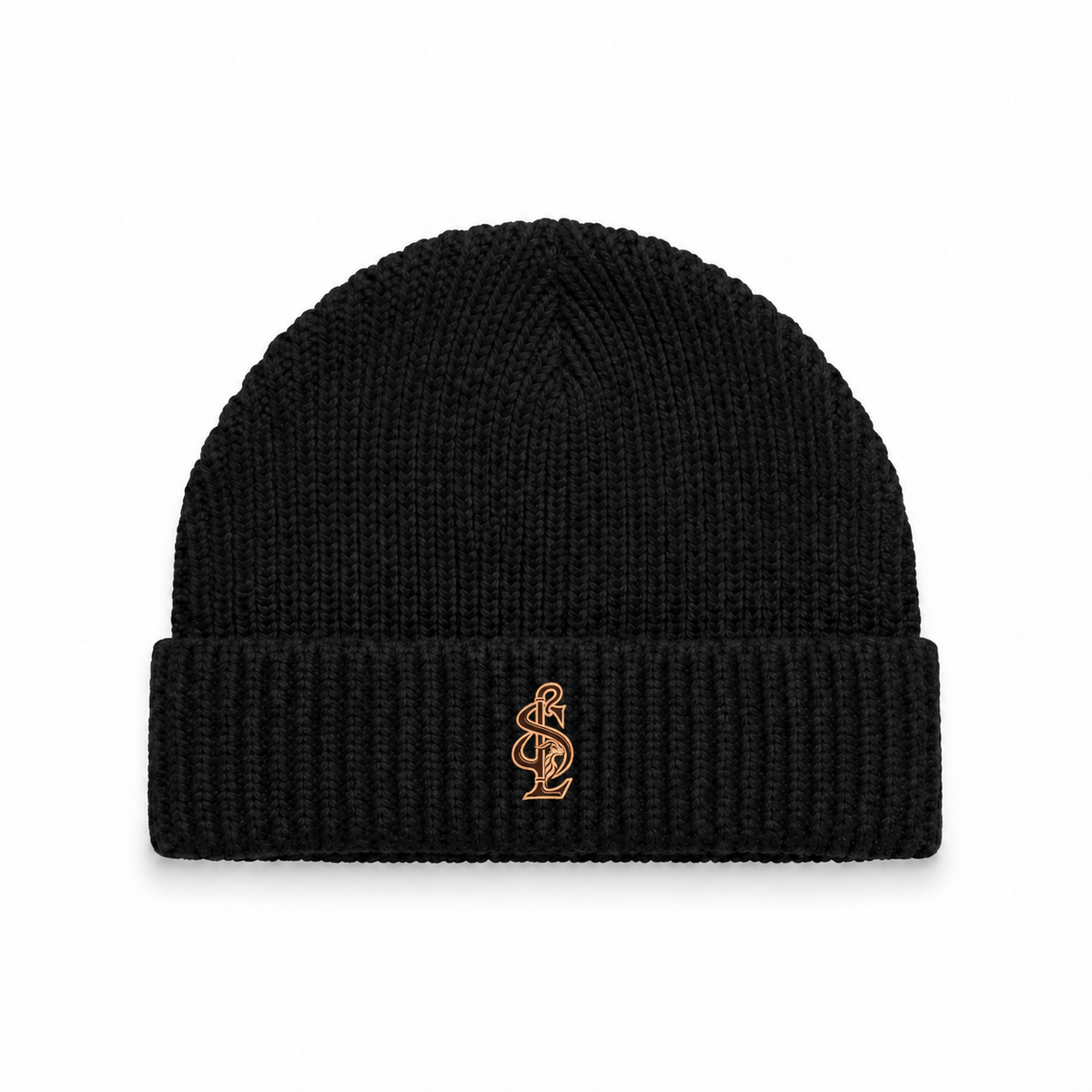 Front view of the Shepherd & Lamb Signature Gauge Beanie in Black, with monogram on the folded cuff.