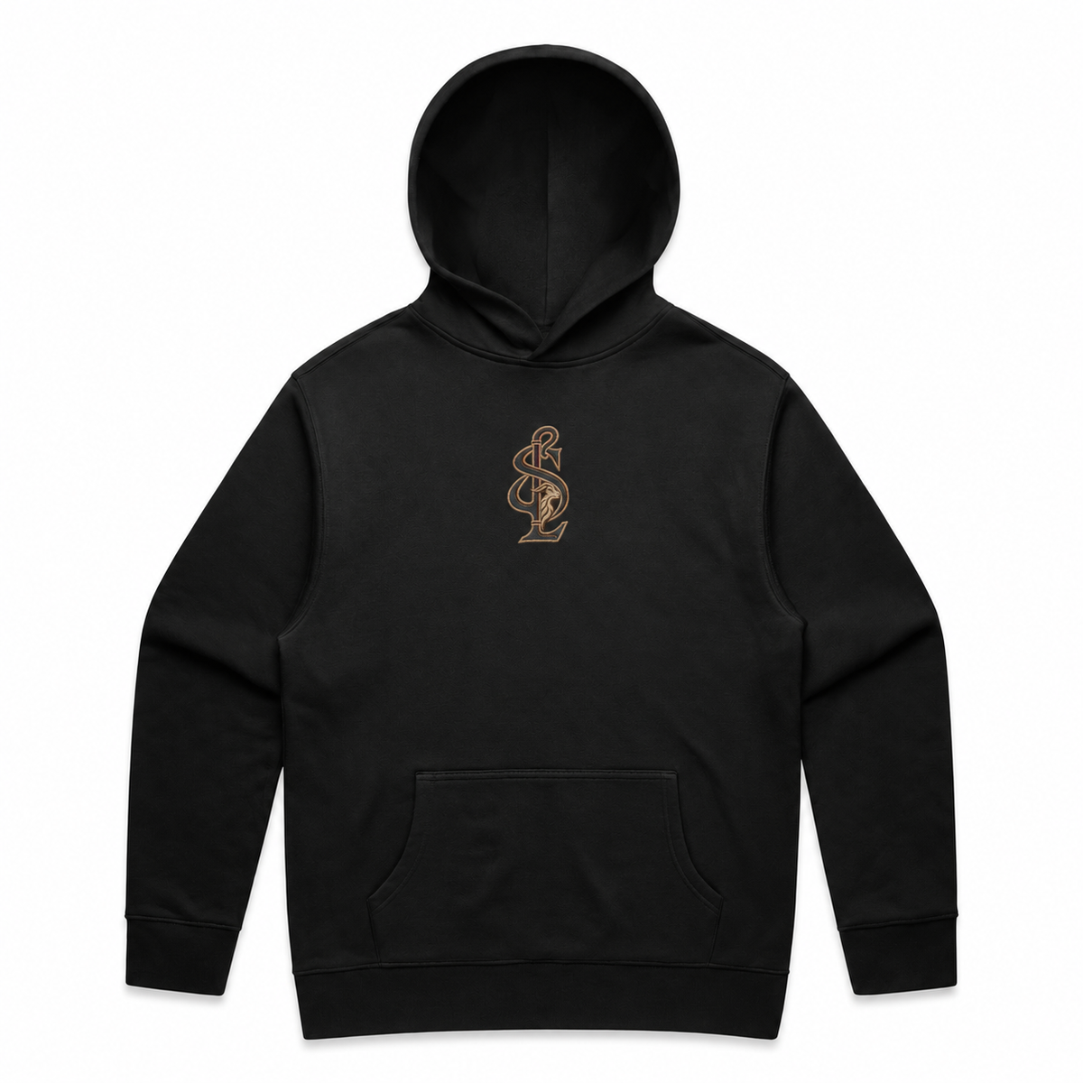 Front view of the Shepherd & Lamb Signature Relax Hoodie in Black, with centered chest monogram.