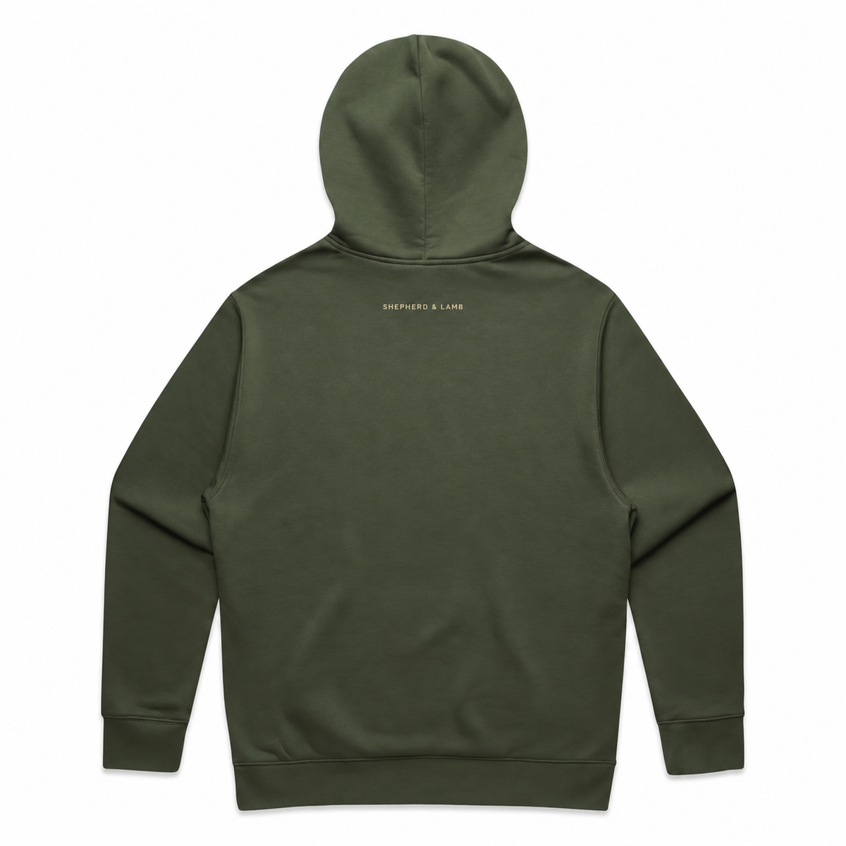 Back view of the Shepherd & Lamb Signature Relax Hoodie in Cypress, showing the upper-back wordmark.