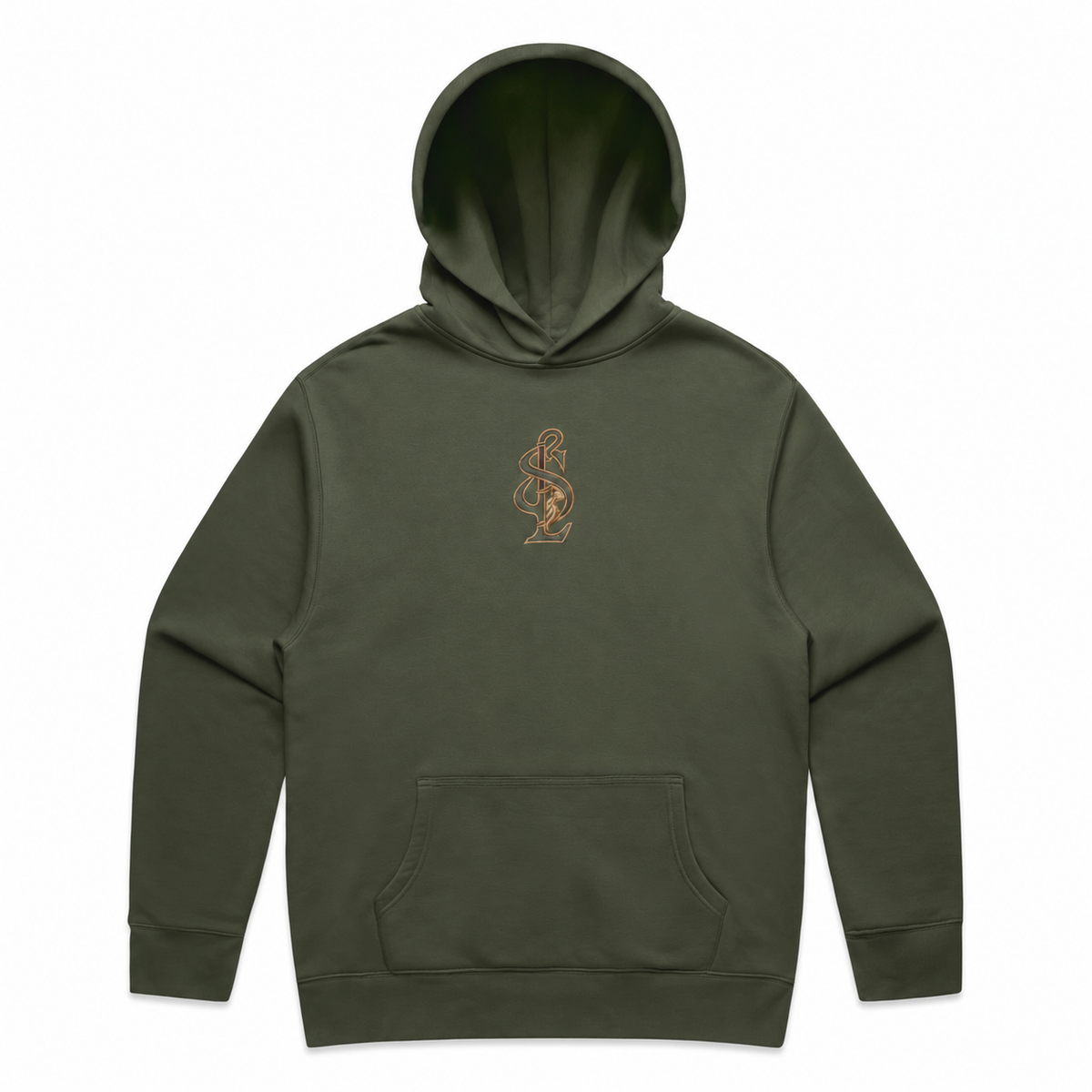 Front view of the Shepherd & Lamb Signature Relax Hoodie in Cypress, with centered chest monogram.
