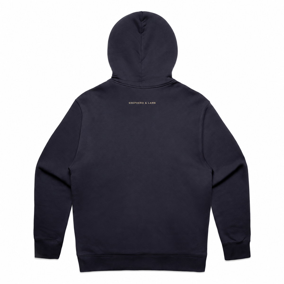 Back view of the Shepherd & Lamb Signature Relax Hoodie in Ink Blue, showing the upper-back wordmark.