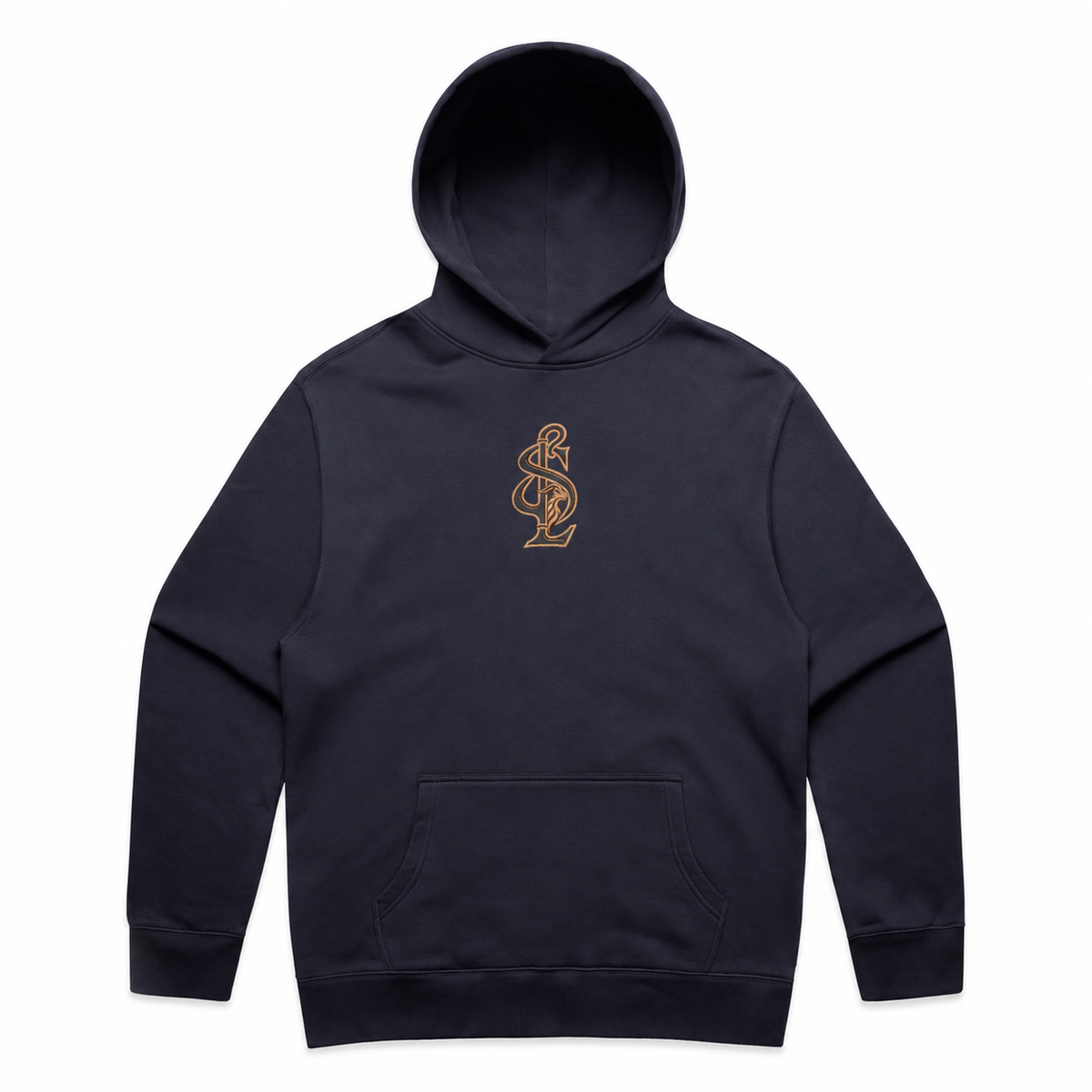 Front view of the Shepherd & Lamb Signature Relax Hoodie in Ink Blue, with centered chest monogram.