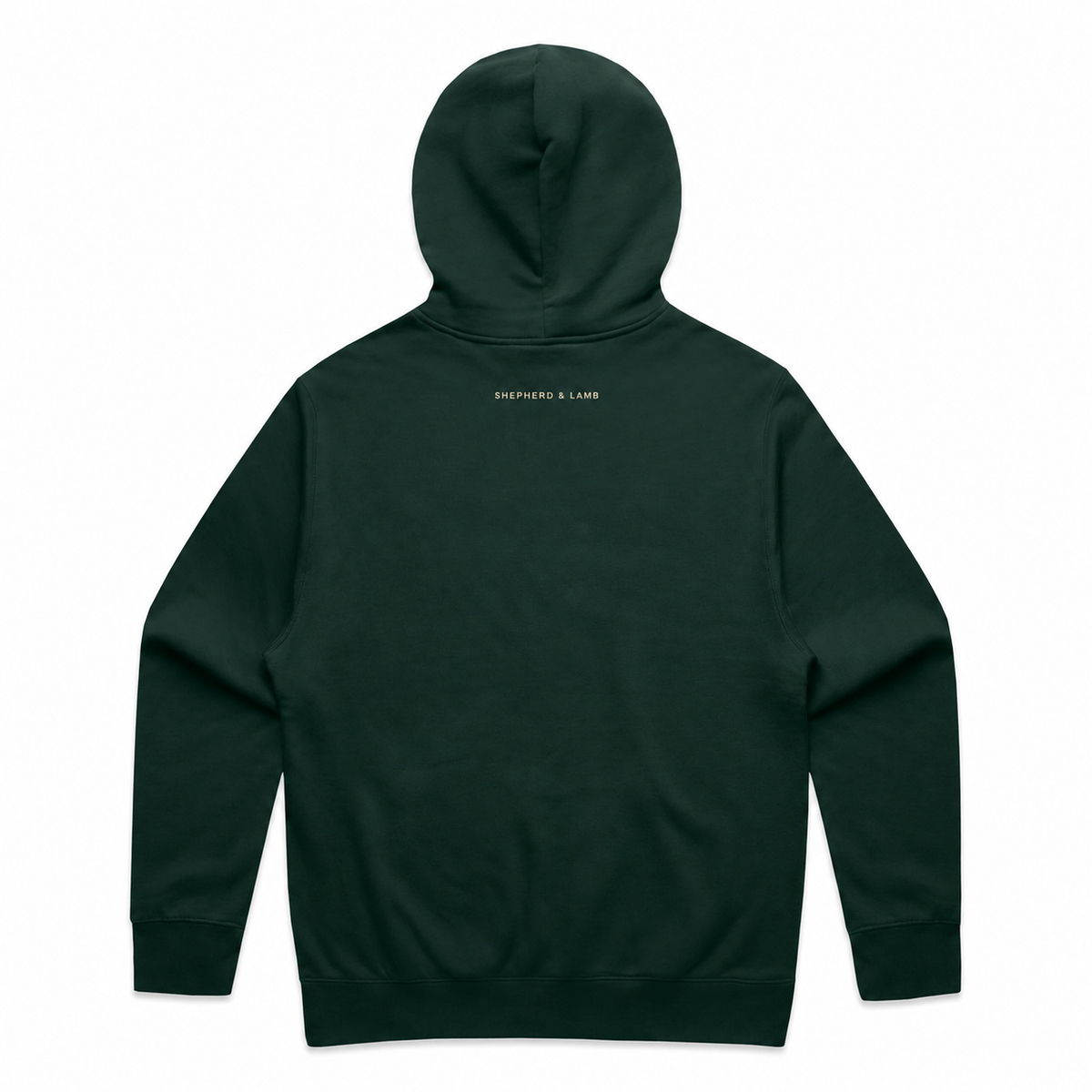 Back view of the Shepherd & Lamb Signature Relax Hoodie in Pine Green, showing the upper-back wordmark.