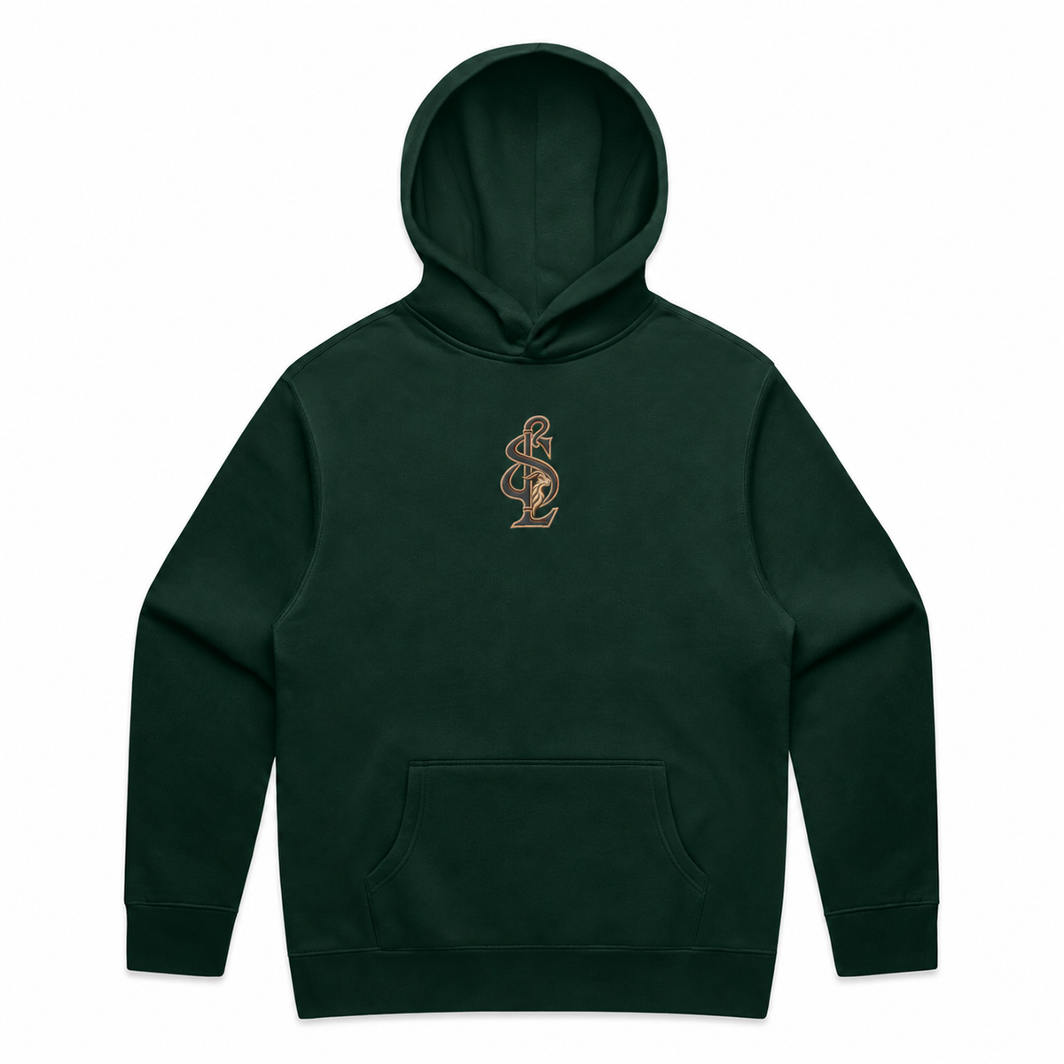 Front view of the Shepherd & Lamb Signature Relax Hoodie in Pine Green, with centered chest monogram.