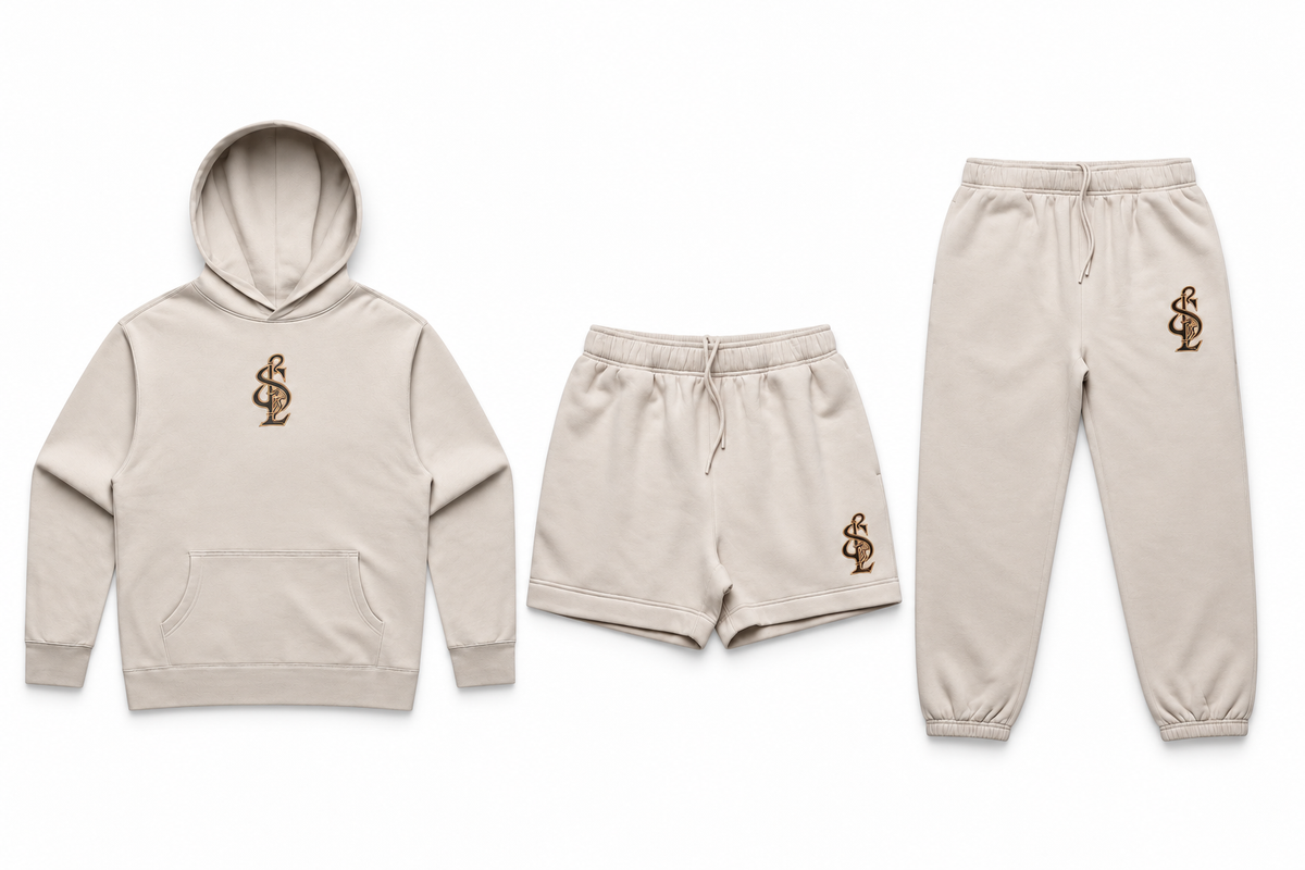 Bone Signature Relax Hoodie shown with coordinating Relax Track Shorts and Relax Track Pants. Pieces sold separately.
