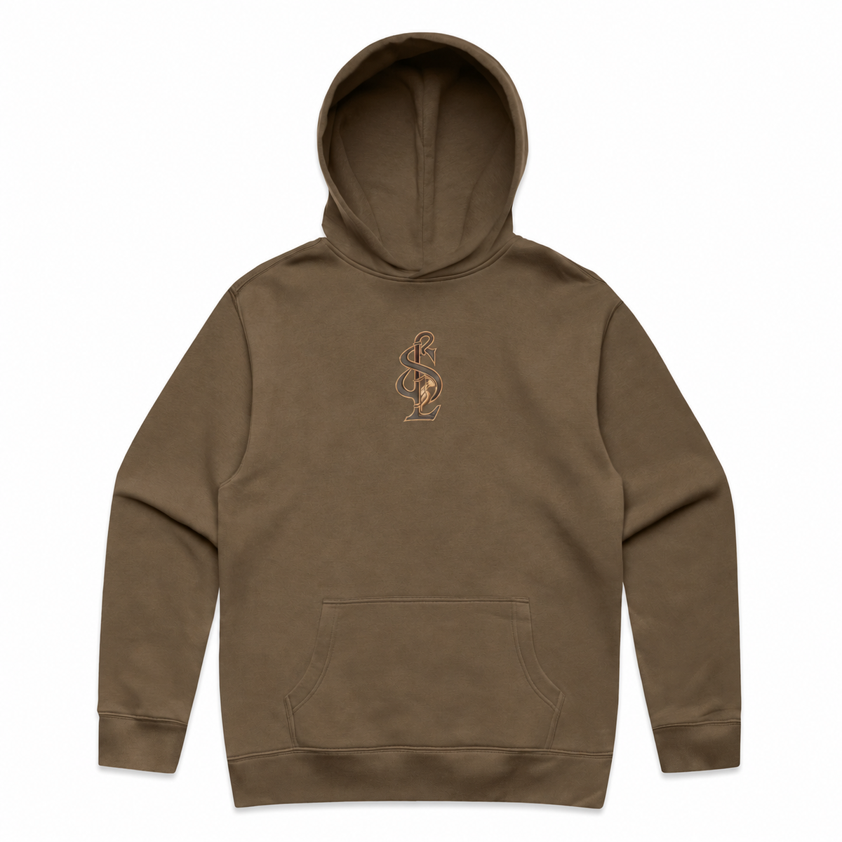 Front view of the Shepherd & Lamb Signature Relax Hoodie in Walnut, with centered chest monogram.