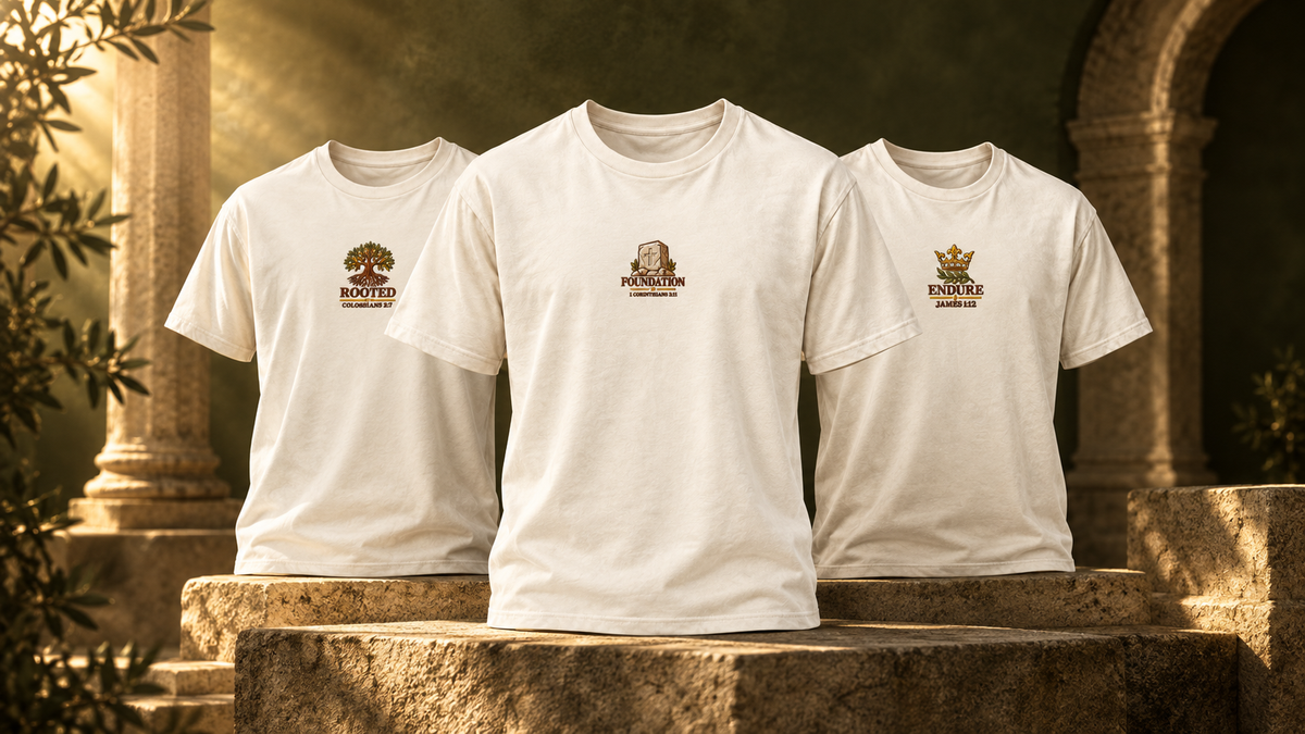 Shepherd & Lamb Heritage embroidered tees in a warm stone and olive setting