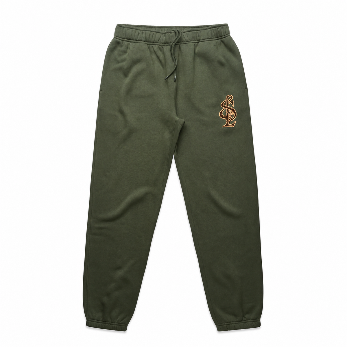 Front view of the Shepherd & Lamb Signature Relax Track Pants in Cypress, with monogram on the left upper thigh.
