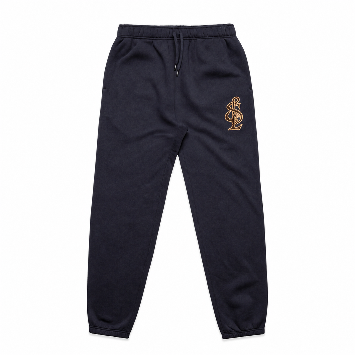 Front view of the Shepherd & Lamb Signature Relax Track Pants in Ink Blue, with monogram on the left upper thigh.