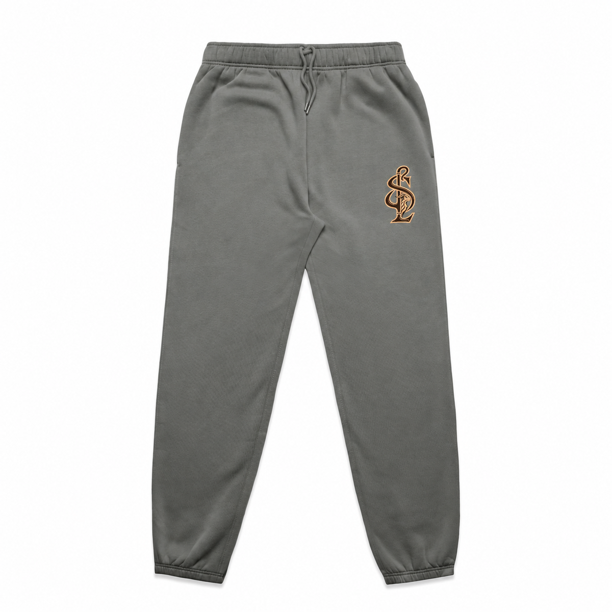 Front view of the Shepherd & Lamb Signature Relax Track Pants in Shadow, with monogram on the left upper thigh.