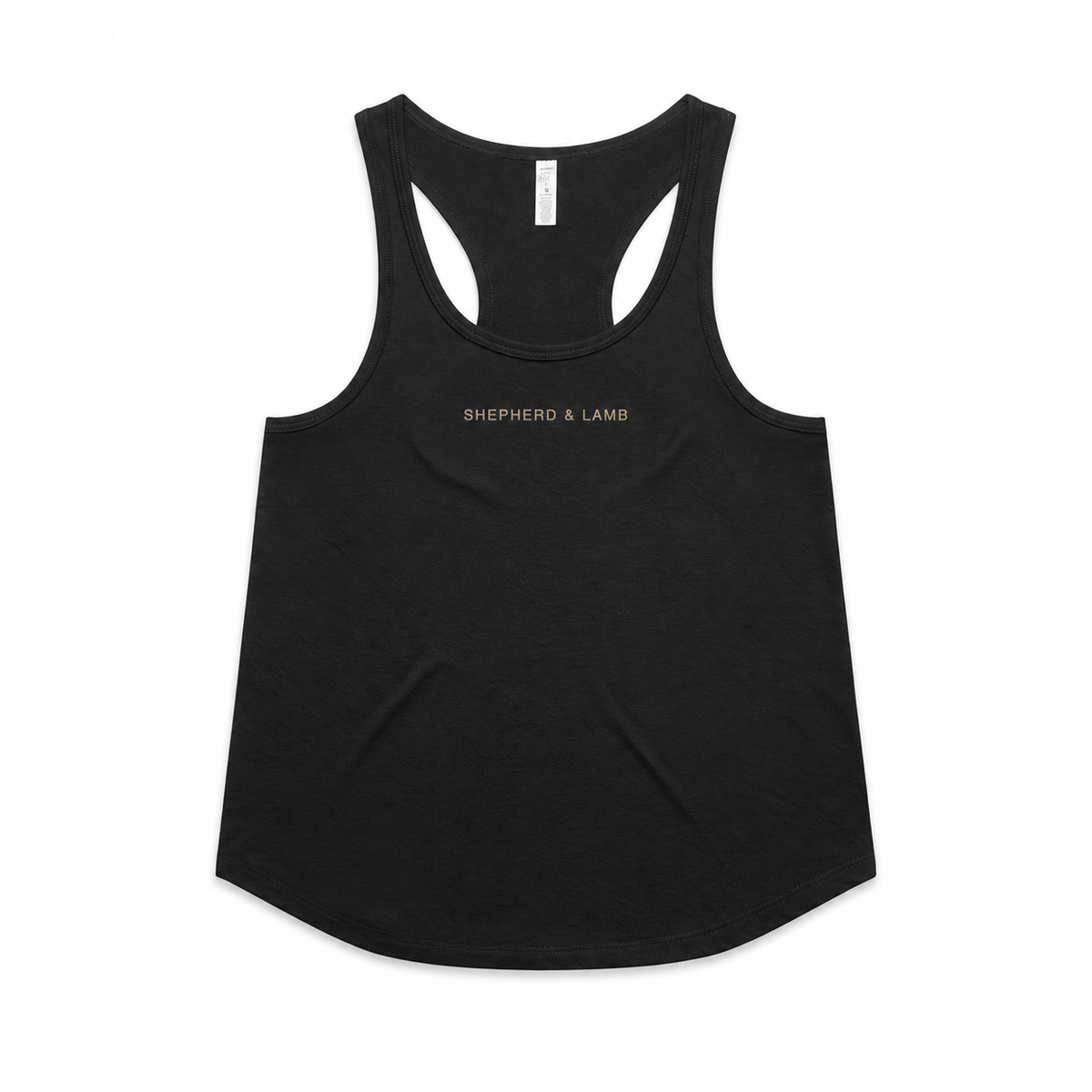 Front view of the Shepherd & Lamb Signature Women's Maple Racerback in Black, with Shepherd & Lamb chest wordmark.