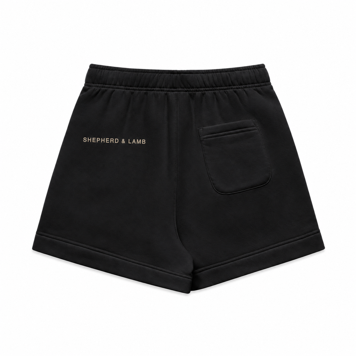 Back view of the Shepherd & Lamb Signature Women's Relax Track Shorts in Black, showing the rear Shepherd & Lamb wordmark.