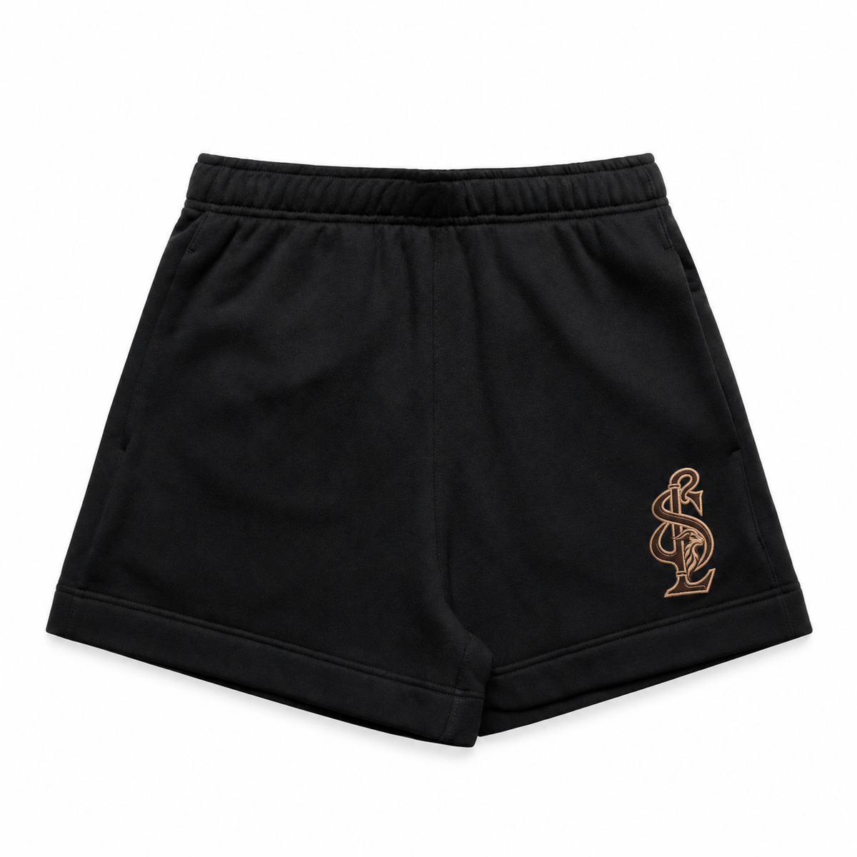 Front view of the Shepherd & Lamb Signature Women's Relax Track Shorts in Black, with monogram near the left leg hem.