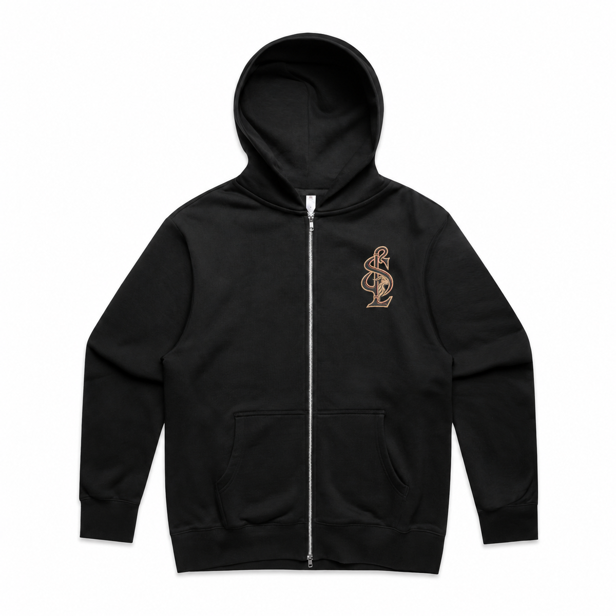 Front view of the Shepherd & Lamb Signature Heavy Zip Hoodie in Black, with chest monogram.