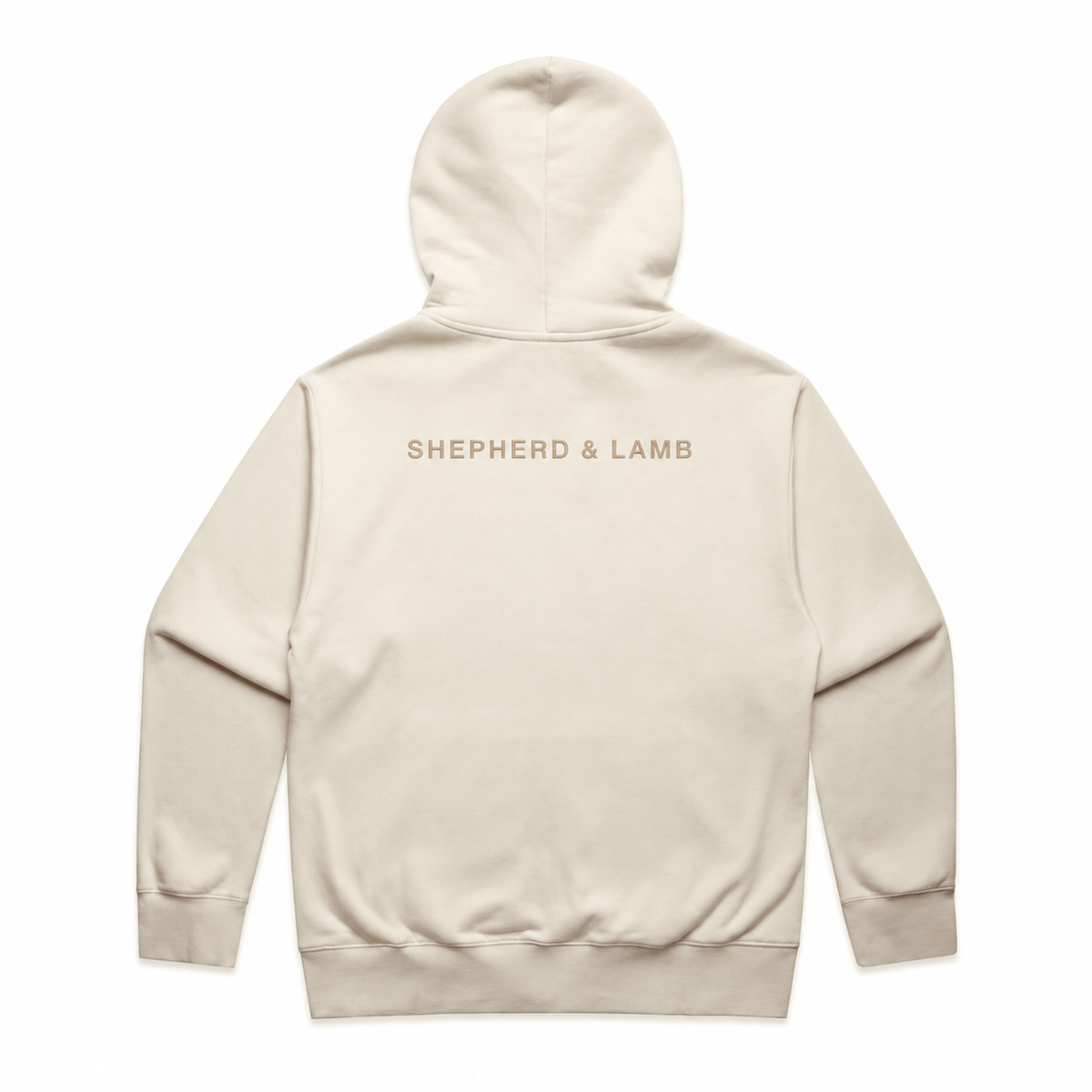 Back view of the Shepherd & Lamb Signature Heavy Zip Hoodie in Ecru, showing the upper-back wordmark.
