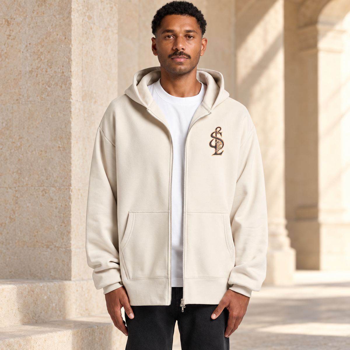 Model wearing the Shepherd & Lamb Signature Heavy Zip Hoodie in Ecru, showing the front design and fit.