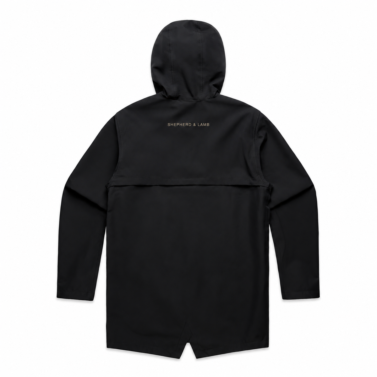 Back view of the Shepherd & Lamb Signature Tech Jacket in Black, showing the upper-back wordmark.
