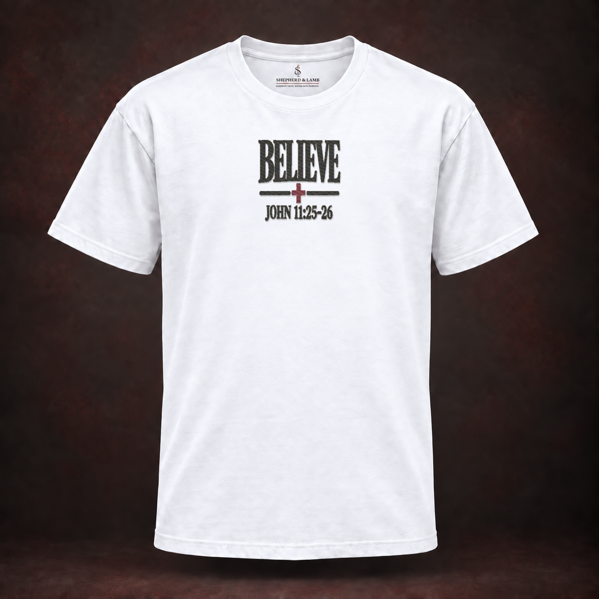 BELIEVE embroidered Christian tee in White — Shepherd & Lamb