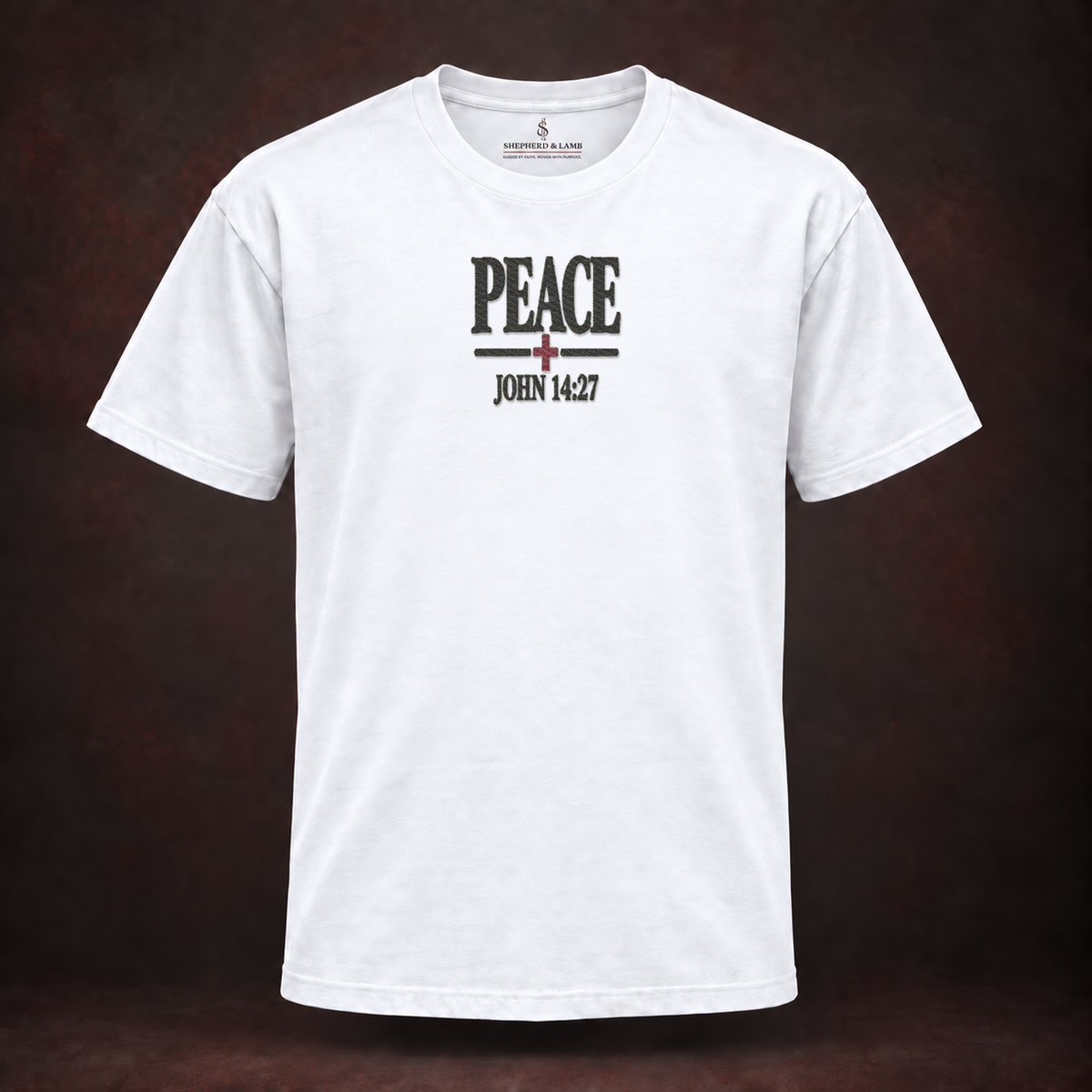 PEACE embroidered Christian tee in White — Shepherd & Lamb
