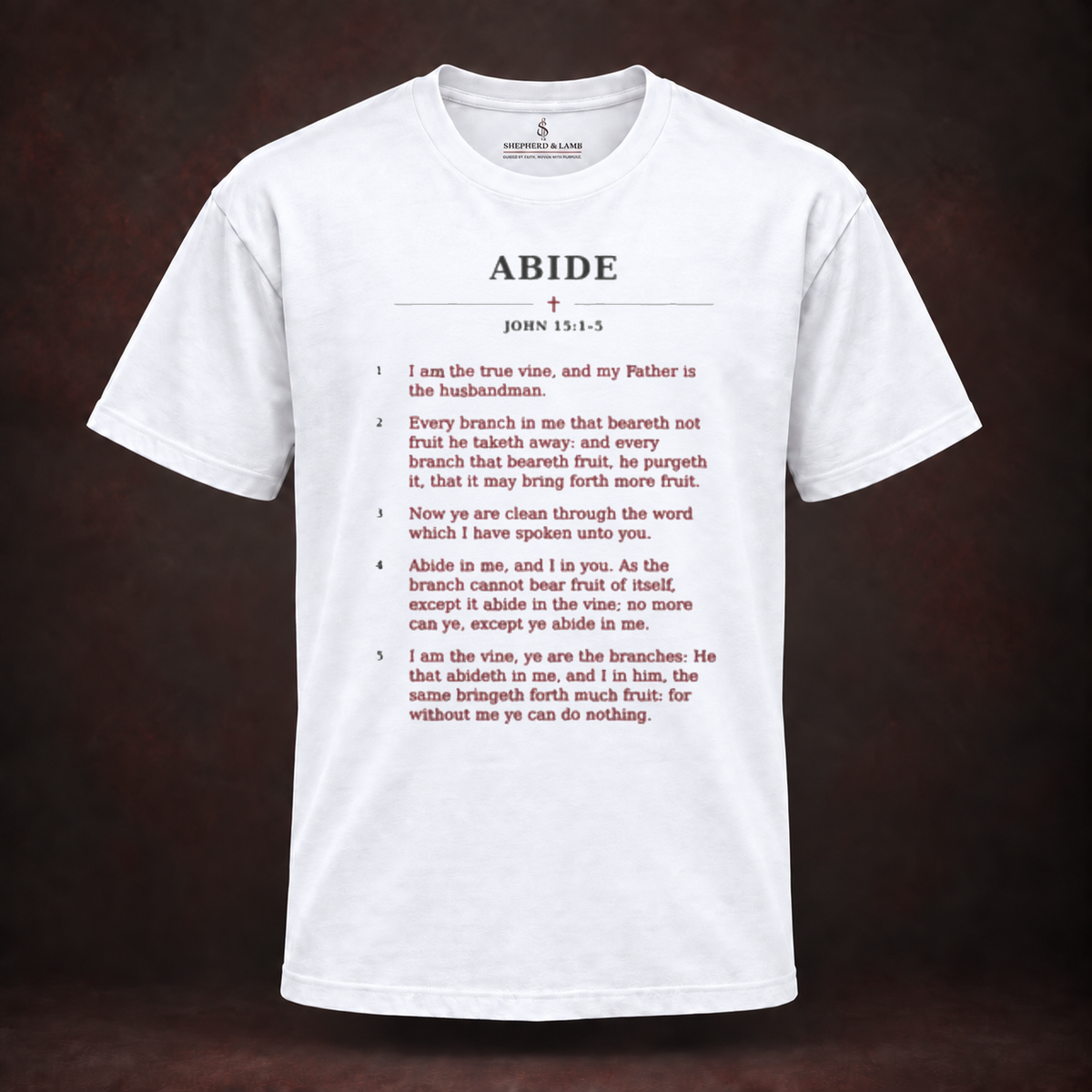 ABIDE Red Letter His Words White Bella+Canvas 3010 tee front view