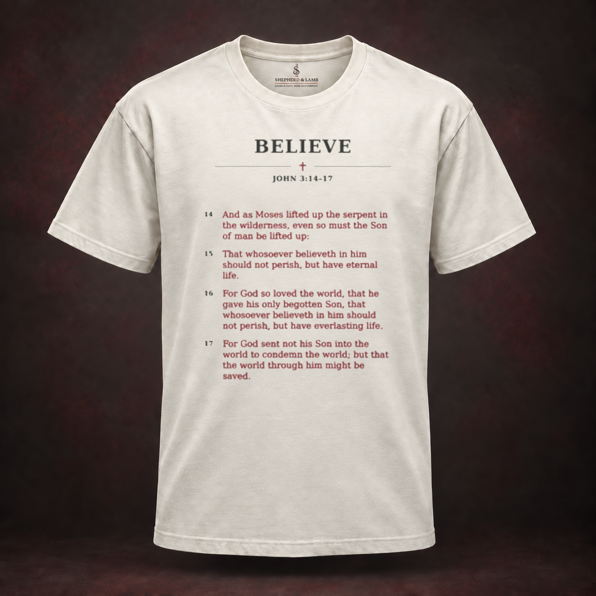 BELIEVE Red Letter His Words Natural Bella+Canvas 3010 tee front view