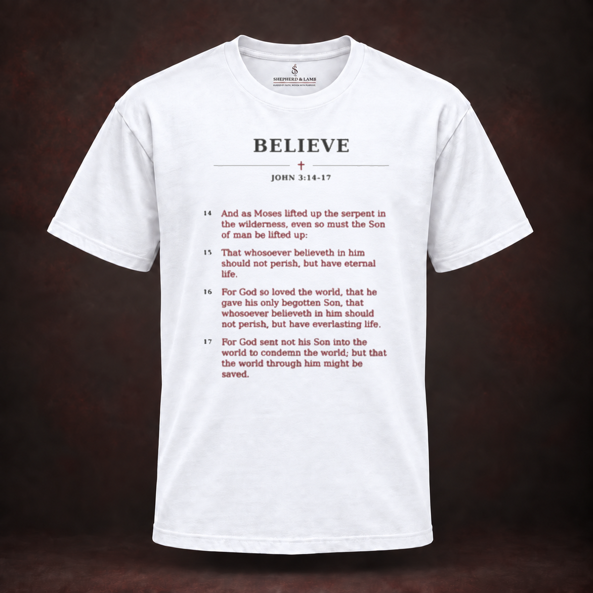 BELIEVE Red Letter His Words White Bella+Canvas 3010 tee front view