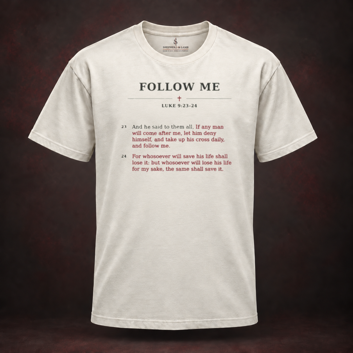 FOLLOW ME Red Letter His Words Natural Bella+Canvas 3010 tee front view