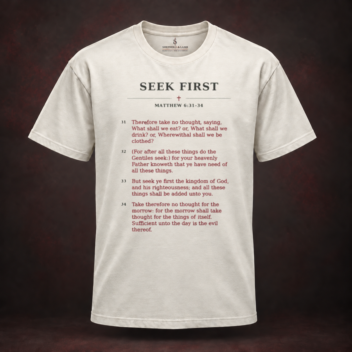 SEEK FIRST Red Letter His Words Natural Bella+Canvas 3010 tee front view