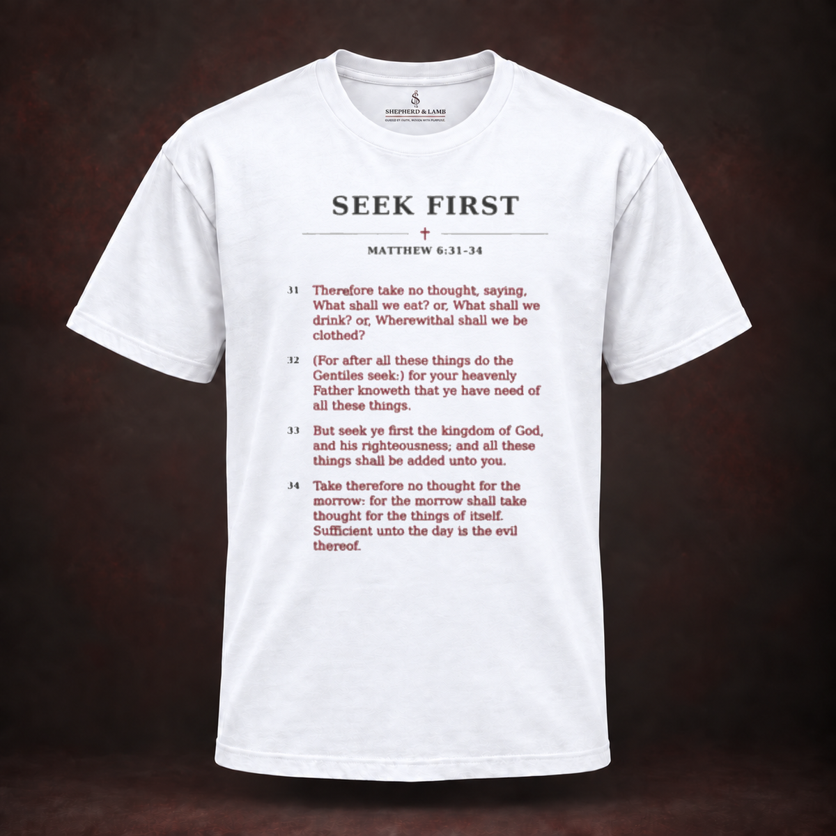 SEEK FIRST Red Letter His Words White Bella+Canvas 3010 tee front view