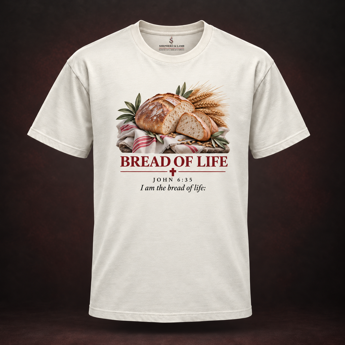 BREAD OF LIFE Red Letter Studio Natural Bella+Canvas 3010 tee front view