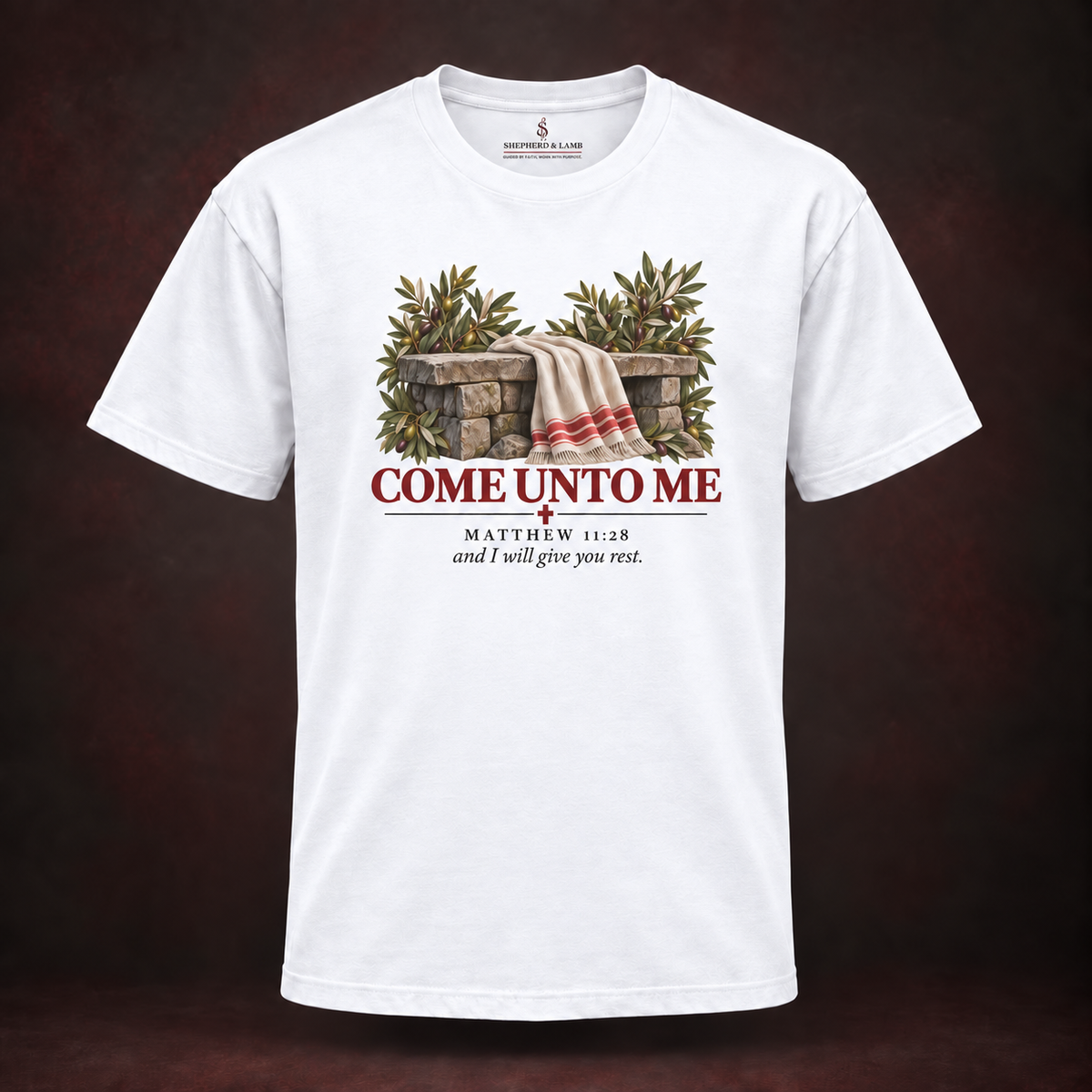 COME UNTO ME Red Letter Studio White Bella+Canvas 3010 tee front view