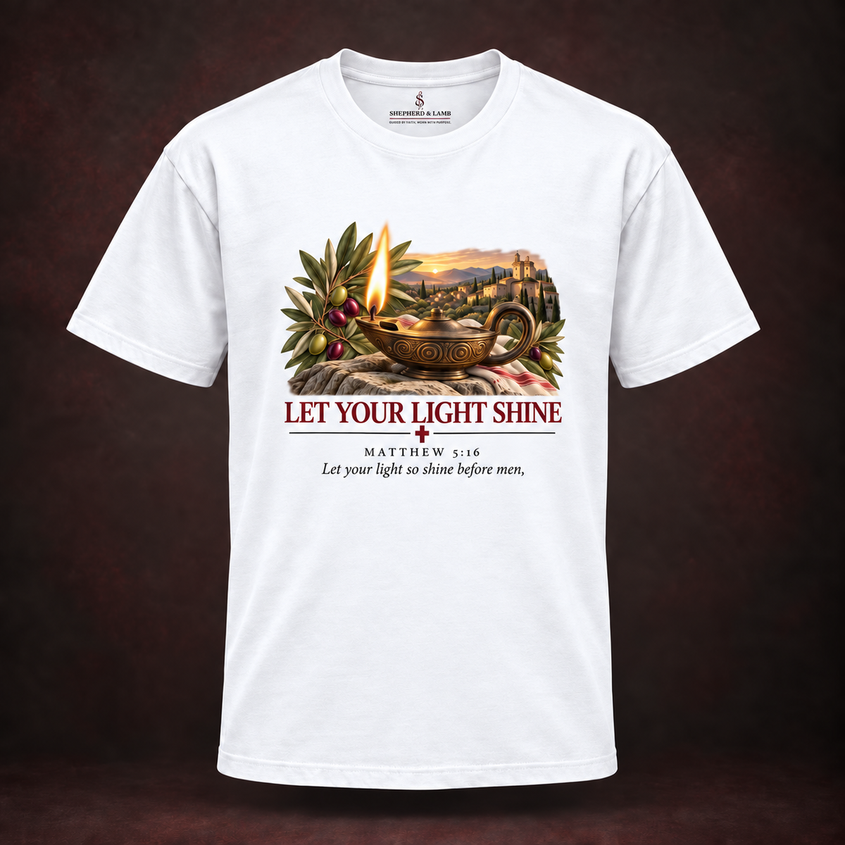 LET YOUR LIGHT SHINE Red Letter Studio White Bella+Canvas 3010 tee front view