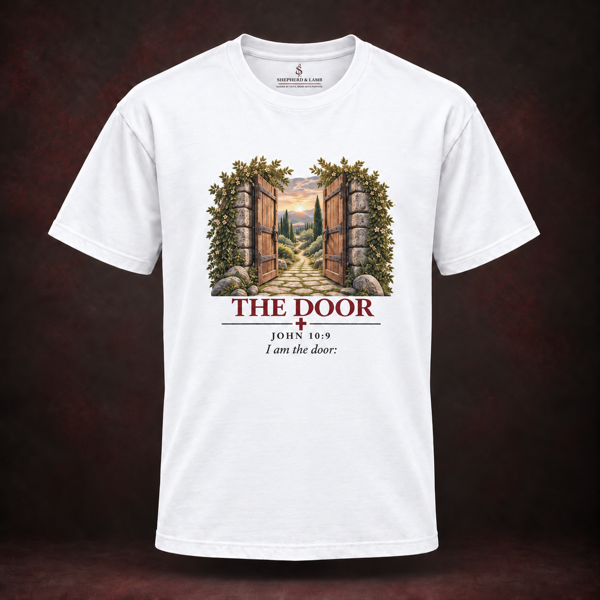 THE DOOR Red Letter Studio White Bella+Canvas 3010 tee front view