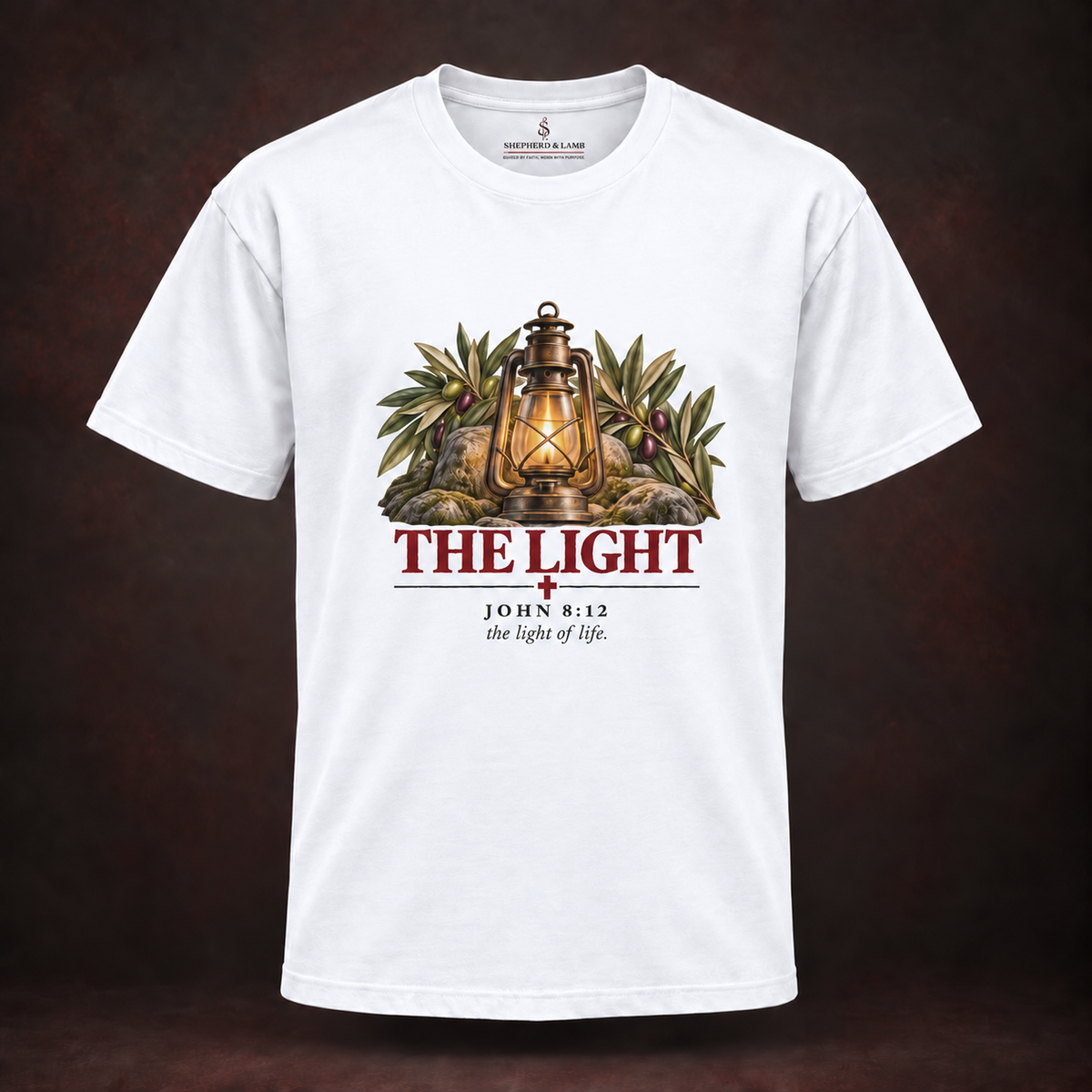 THE LIGHT Red Letter Studio White Bella+Canvas 3010 tee front view